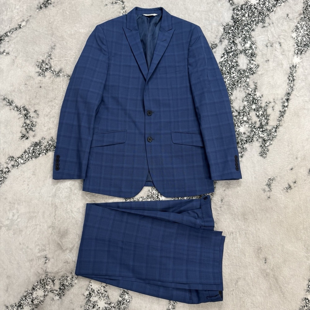 Linea Uomo Performance Suit Mens 38R/32W Blue Windowpane Plaid Wool Blend 32X30